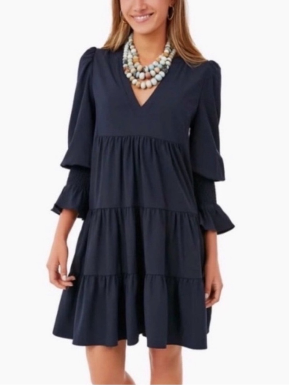 New- Tuckernuck Pomander Place Ruffled Textured Navy Tiered V-Neck Mini Dress